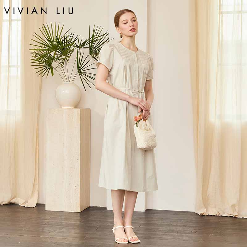 VIVIAN LIU V2534107 夏季女装圆领压褶系带系扣泡泡袖短袖连衣裙