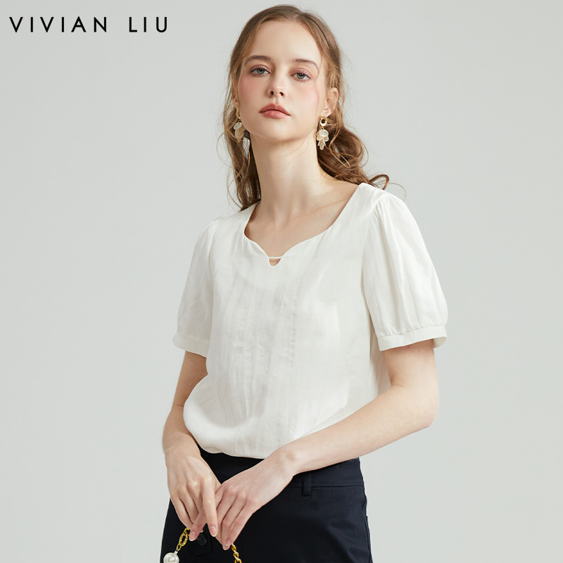 vivian liu薇薇安刘 d2323005春女装新款水滴领泡泡袖半袖上衣