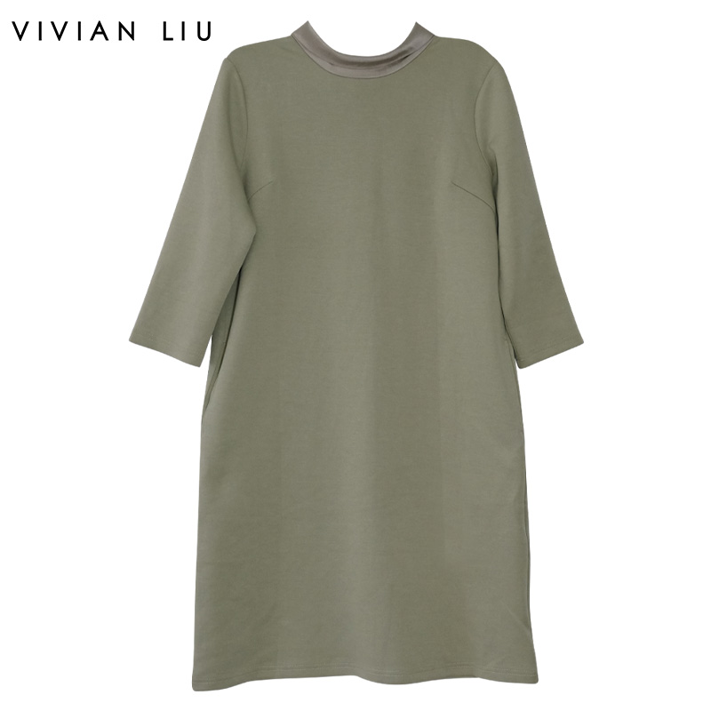 领口飘带点缀九分袖连衣裙