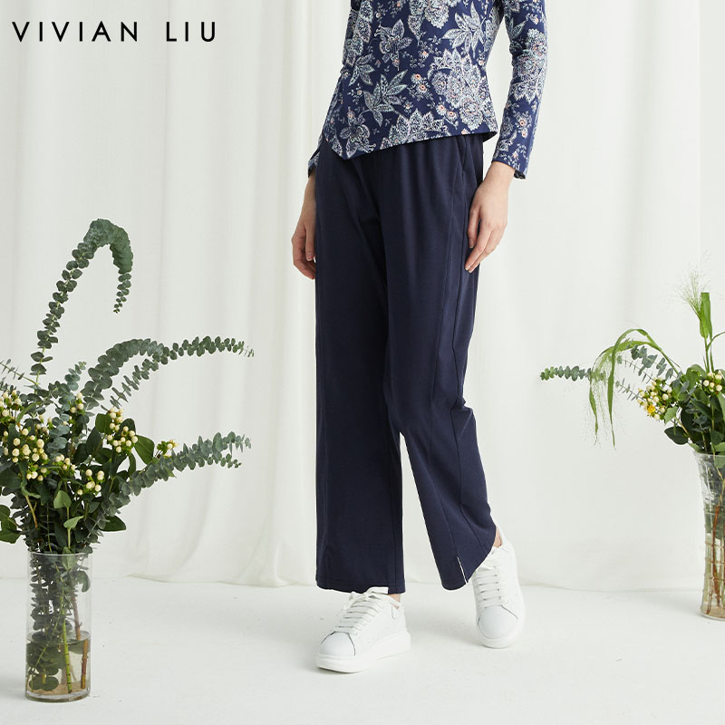 时尚松紧腰裤脚开叉直筒长裤