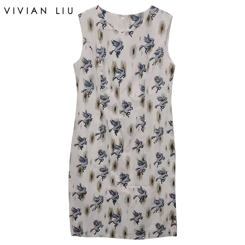 圆领飞马印花砍袖连衣裙