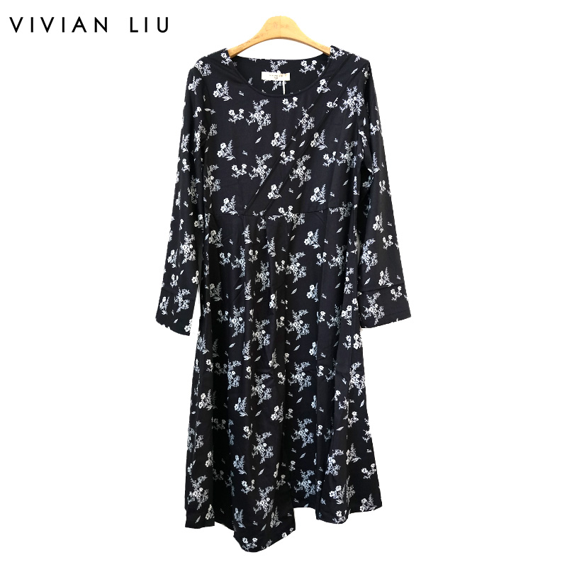 圆领印花胸前捏双褶大摆长连衣裙