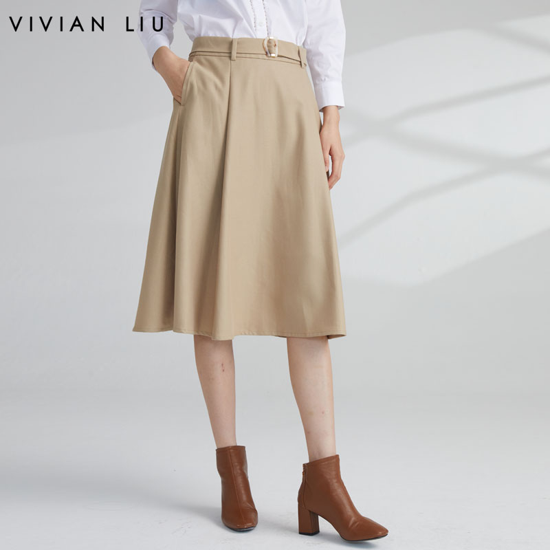 腰部腰带斜插兜大A摆中裙