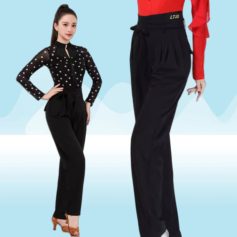 新款拉丁舞下装女高腰飘带小脚