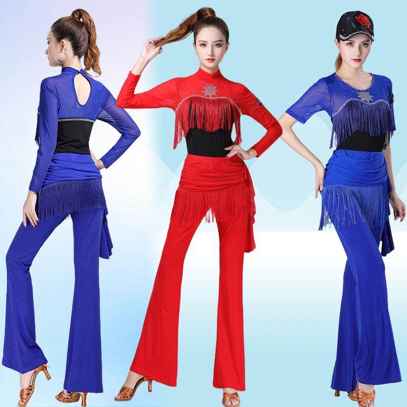 新款拉丁舞演出服女镶钻长袖流苏摩登舞舞蹈服三步踩广场舞套装