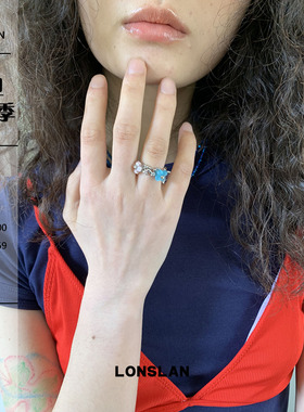 LONSLAN ACC 2025ss可爱彩色小花开口戒指百搭蓝色个性指环