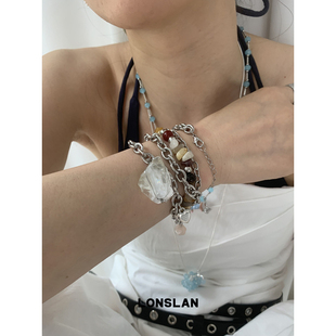 LONSLAN 2025ss帅气双层叠戴粗链条不规则石头吊坠项链 ACC