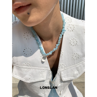 LONSLAN 2025ss小众设计透明水滴吊坠蓝色串珠石头项链 ACC
