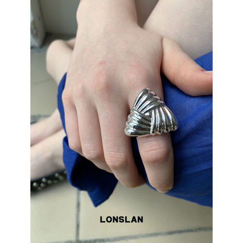 LONSLAN ACC 2025ss银色简约三角编织夸张百搭戒指开口指环