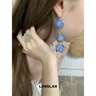 LONSLAN 2025ss气质蓝色串珠花束流苏耳饰韩系度假配饰 ACC