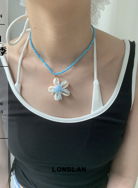 3LONSLAN ACC 2025ss可爱彩色花朵贝壳串珠蓝色项链百搭颈链