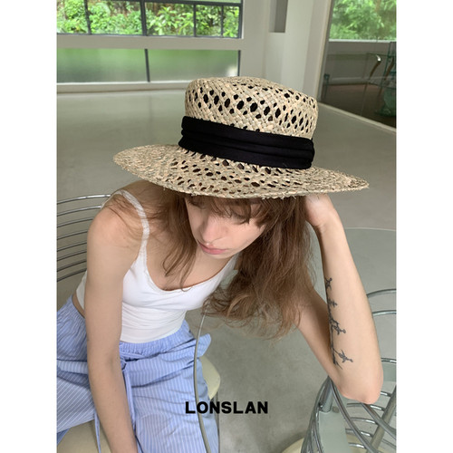 LONSLAN ACC 春夏草编平顶草帽子镂空防晒帽海边度假老钱风礼帽