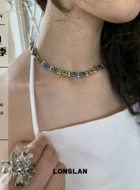 LONSLAN ACC 2025ss蓝色复古做旧猪鼻扣花朵精致项链