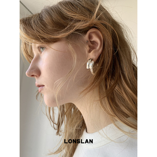 LONSLAN 2025ss高质感气质不规则圆环拼接银色耳环 ACC