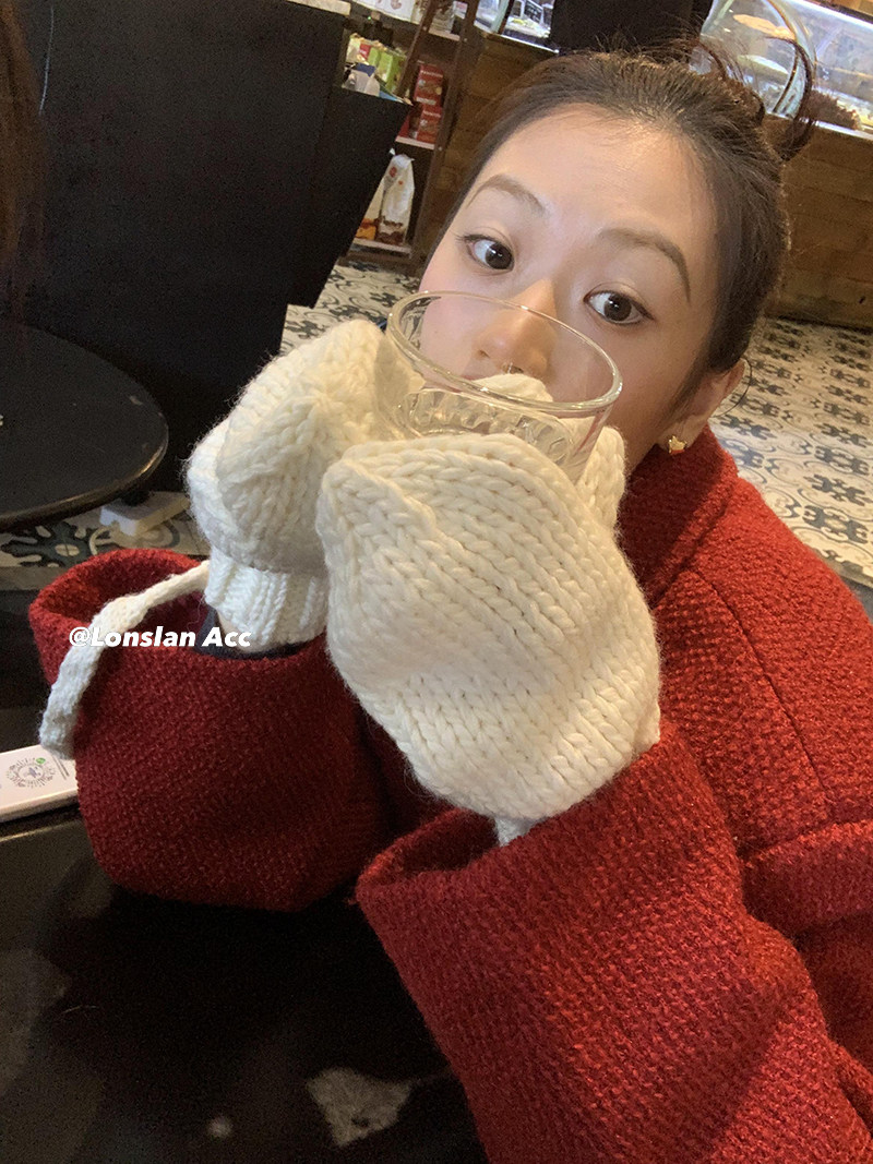 Lonslan ACC 秋冬 保暖粗线棒针柔软可爱女孩全指全包挂脖手套