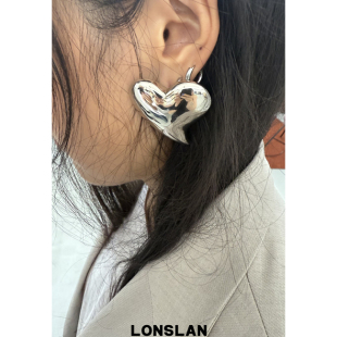 LONSLAN 早秋夸张大爱心亮面金属耳钉ins百搭耳饰 ACC