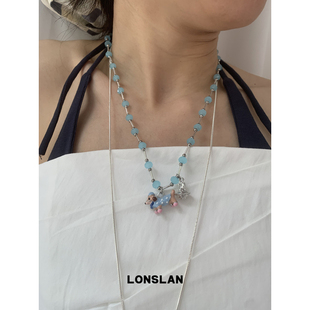 LONSLAN 2025ss夏日童趣俏皮卡通蓝色小狗土星吊坠串珠项链 ACC