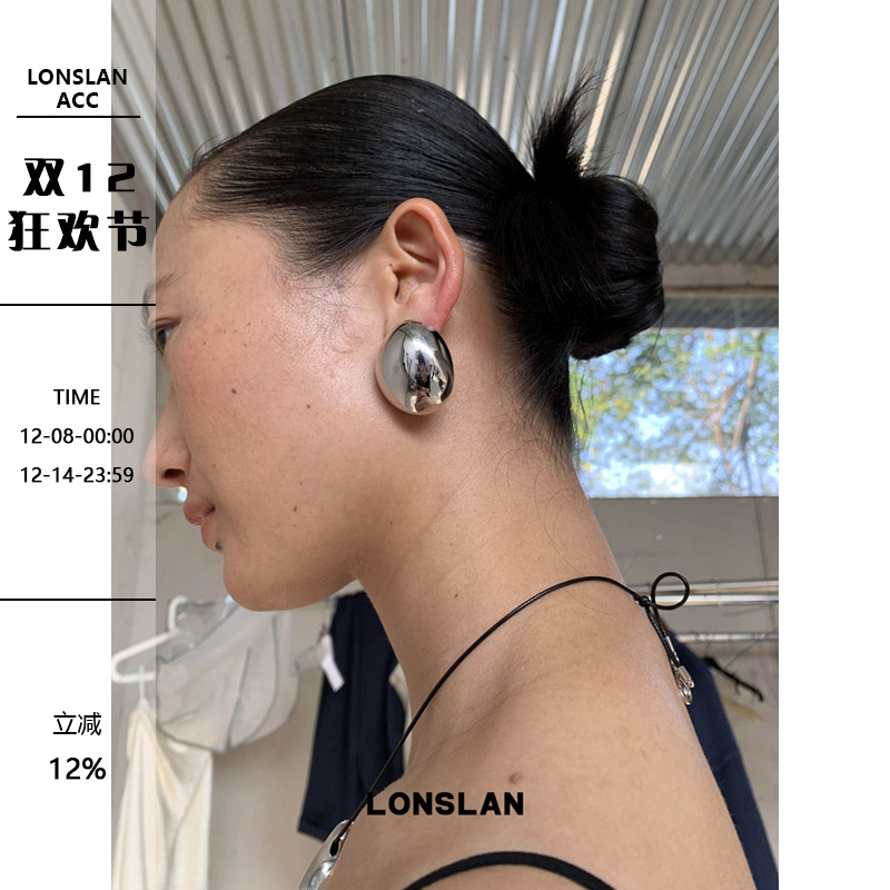 LONSLAN ACC 2025ss气质不规则椭圆光面金银两色夸张耳钉个性