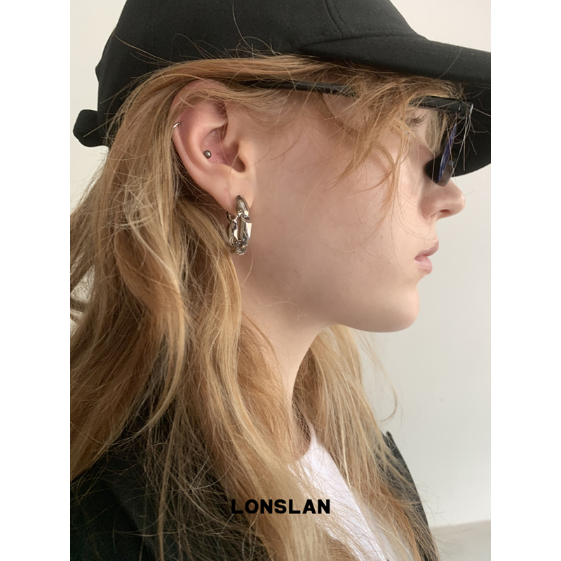 LONSLAN ACC 2025ss个性帅气链条拼接耳环百搭银色耳钉