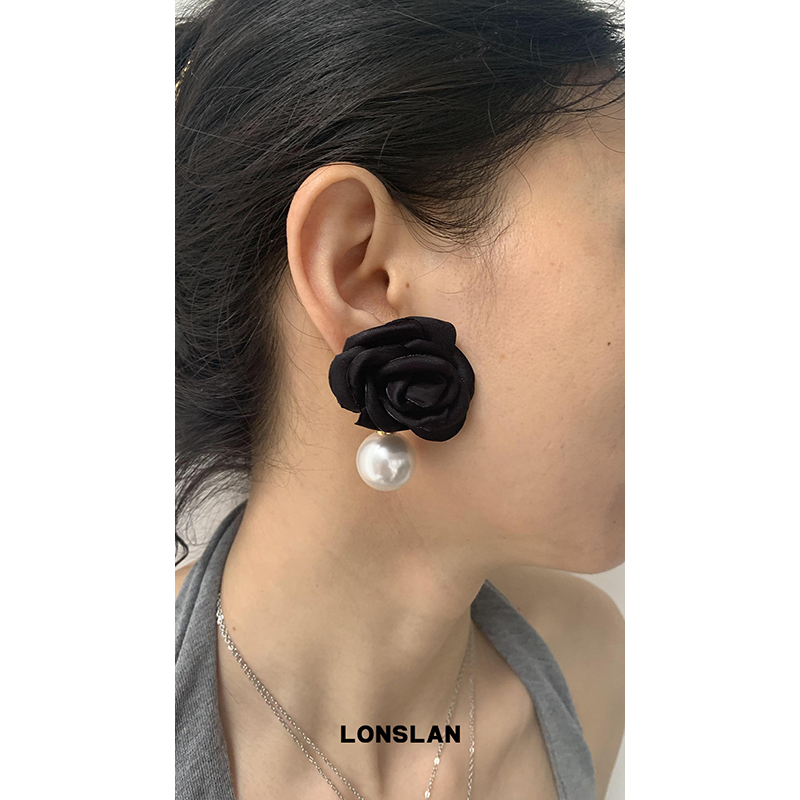LONSLANACC黑色玫瑰花珍珠耳环