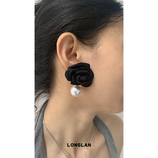 LONSLAN 精致公主黑色玫瑰花珍珠流苏吊坠耳环耳饰 ACC2024搭配