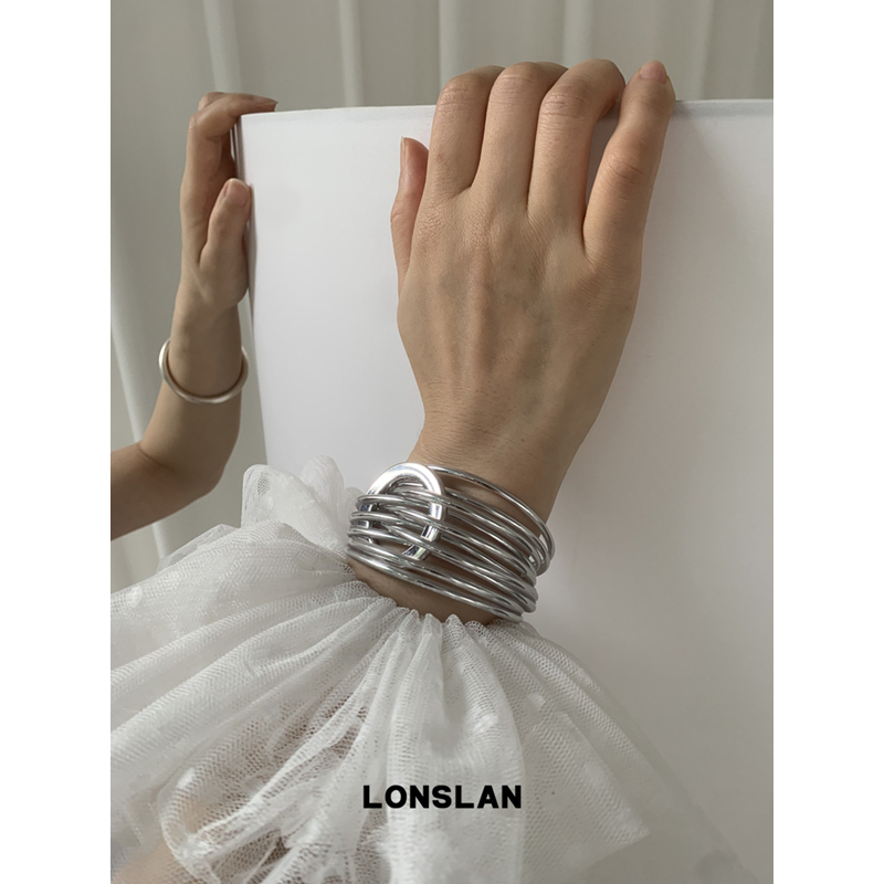 LONSLAN ACC 2025ss设计感银色拼接磁吸扣圆圈交叉手镯