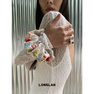 LONSLAN 2025ss重工花朵刺绣拼色春夏发圈格纹手工发饰 ACC