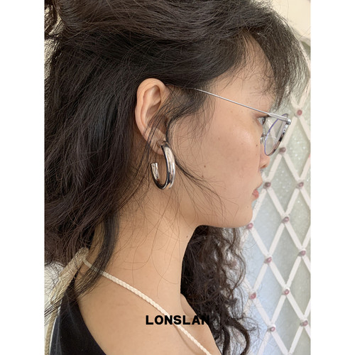 LONSLAN ACC 2025ss银色光面椭圆开口时尚个性耳环百搭耳钉