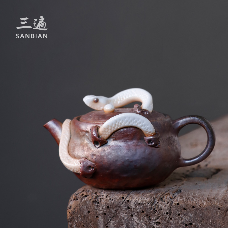 三遍粗陶白蛇中式陶瓷茶壶
