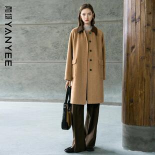 颜域复古翻领中长款大衣女2024新款冬季通勤百搭优雅气质毛呢外套