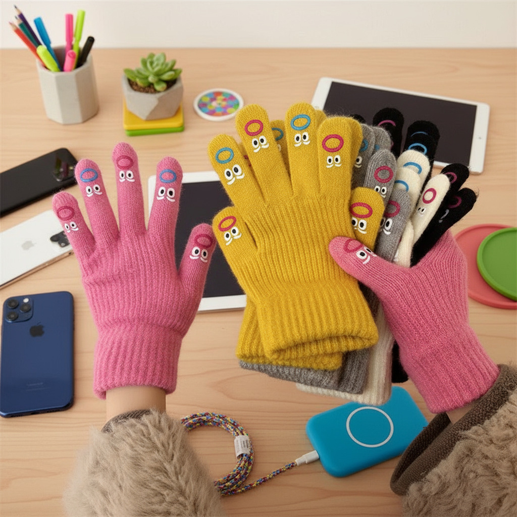 可爱丑萌针织毛线手套女秋冬季露指可触屏学生分指保暖防寒骑行潮