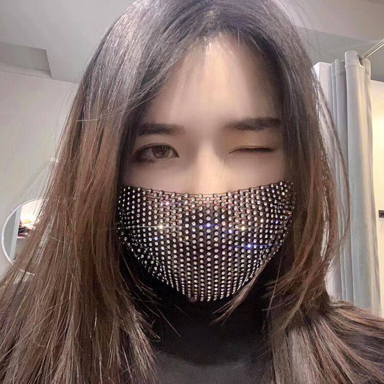黑色钻石口罩水钻遮脸面纱透气网纱星空满钻潮流性感风亮钻网红