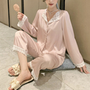 新款 睡衣女春秋款 长袖 纯色蕾丝冰丝夏季 甜美丝绸可外穿家居服套装