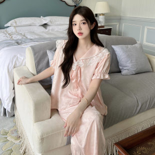 少女甜美家居服套装 2025新款 高级感夏款 睡衣女夏冰丝蕾丝短袖 长裤
