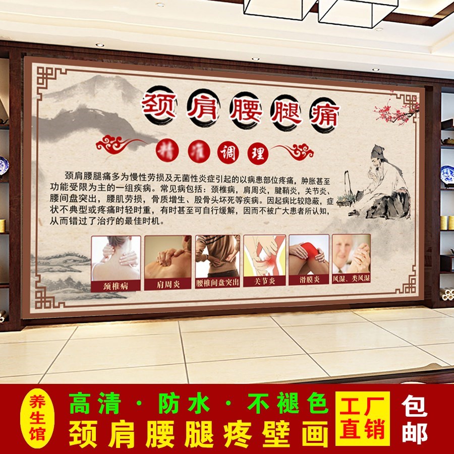 颈肩腰腿疼海报贴纸壁画中医养生图片腰椎肩盘突出肩颈保养墙贴画