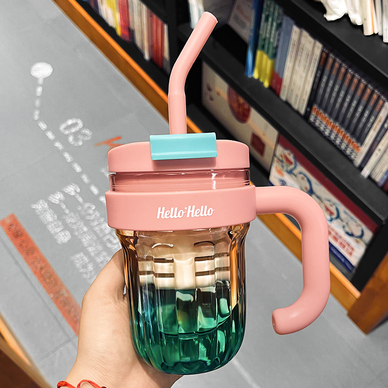 吸管杯女生高颜值夏天办公室水杯带把手耐高温塑料泡茶杯茶水分离