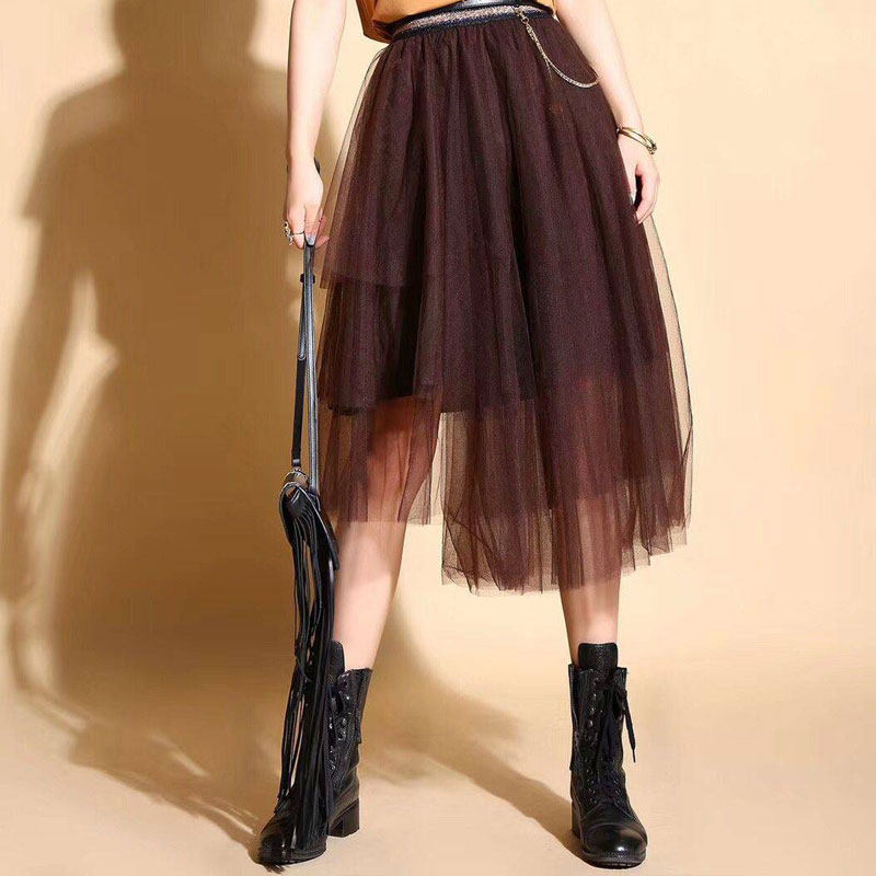 欧阿玛施旗舰店官网正品2020春季新款百搭中长款不规则网纱半身裙