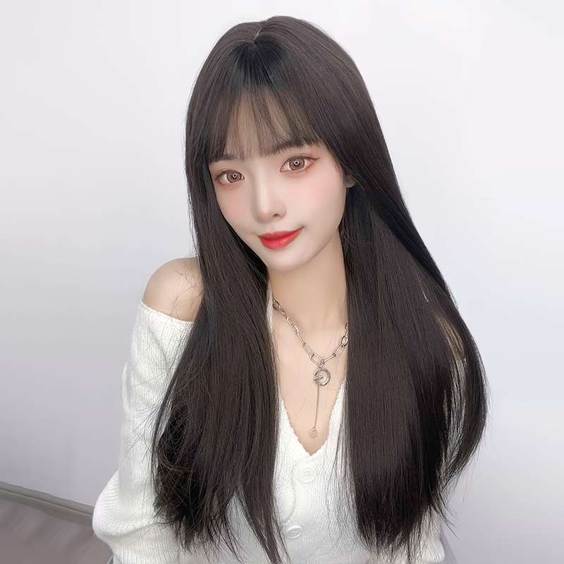 高档假发女长发仿真自然黑色长直发齐腰发型圆脸空气刘海中长发全