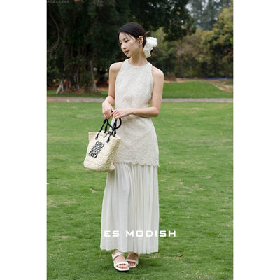 ES复古镂空绣花假两件挂脖连衣裙