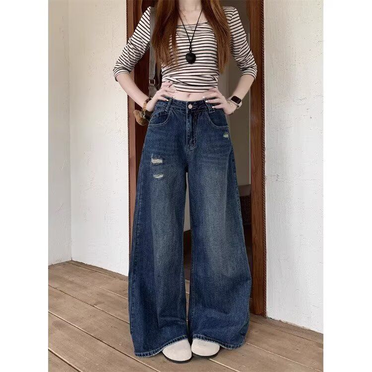 港潮男阁代嘉儿森调daiclaire牛仔裤女夏季薄款高腰破洞毛边阔腿