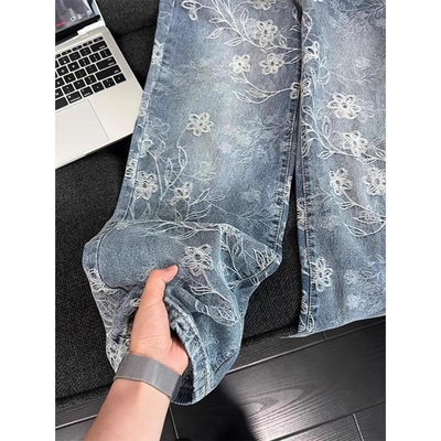 港潮男阁蓝色美式刺绣提花牛仔裤男款秋季痞帅高级感微喇裤子高街
