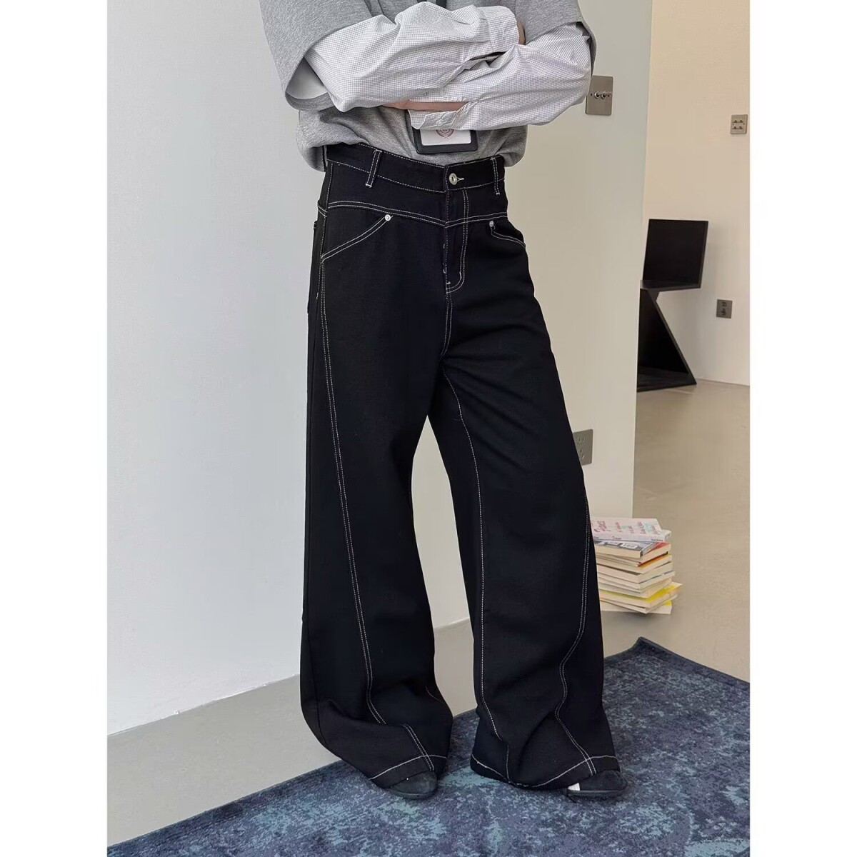 港潮男阁设计款街头复古水洗宽松直筒牛仔裤拖地长裤男女个性嘻哈
