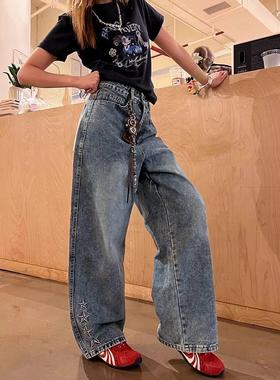 港潮男阁JOINBOY 2025新款美式复古水洗做旧星星刺绣牛仔裤宽松直