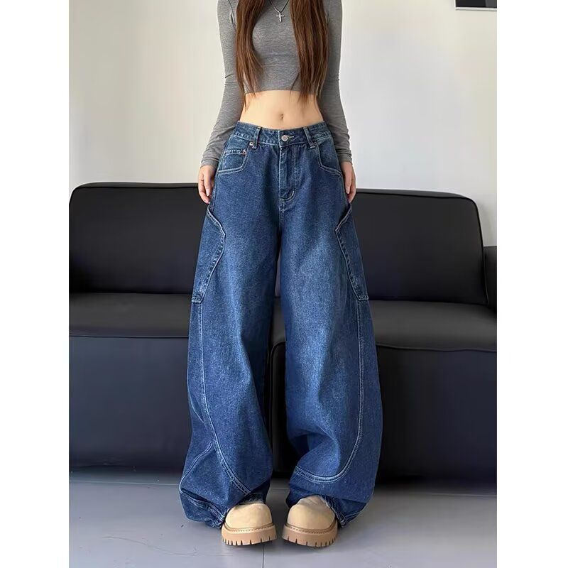 港潮男阁大码高街阔腿牛仔裤女春秋新款美式高腰胖MM宽松垂感直筒