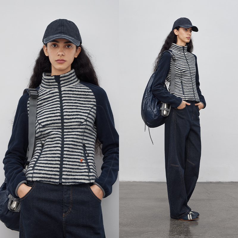 半圆原创设计女装[运动]2025秋季立领藏青条纹拼接修身休闲外套女