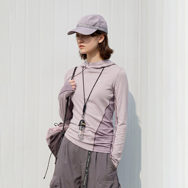半圆原创设计女装[复古2026秋季不对称撞色拼接连帽长袖T恤女上衣