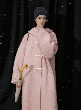 美莉诺羊毛 半圆女装[文艺]2025秋冬新粉色连帽夹棉呢大衣女外套