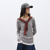 半圆原创设计女装 运动 2026春圆领宽松休闲假两件复合条纹T恤女