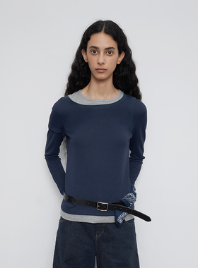 半圆原创女装[运动]2025秋季宽松休闲不对称假两件撞色t恤女长袖