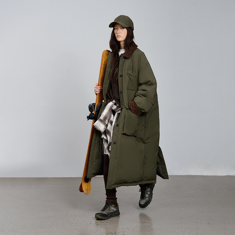 半圆原创设计女装[运动]2025冬复古猎装夹克长款工装拼接羽绒服女